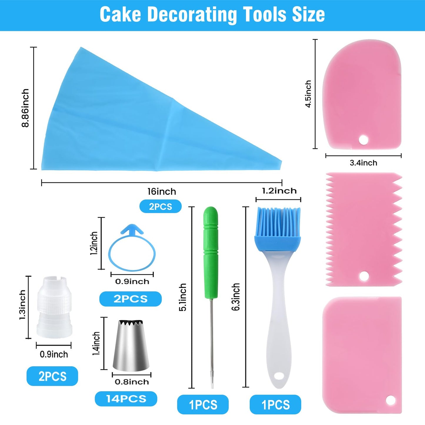 Piping Bags and Tips Set - Reusable Piping Bag, 16 Inch Silicone Pastry Bags with 14 Icing Tips, 3 Scrapers, 2 Couplers, 2 Bags Ties, 1 Pastry Brush, Cake Decorating Kit for Baking Cupcake and Cookies