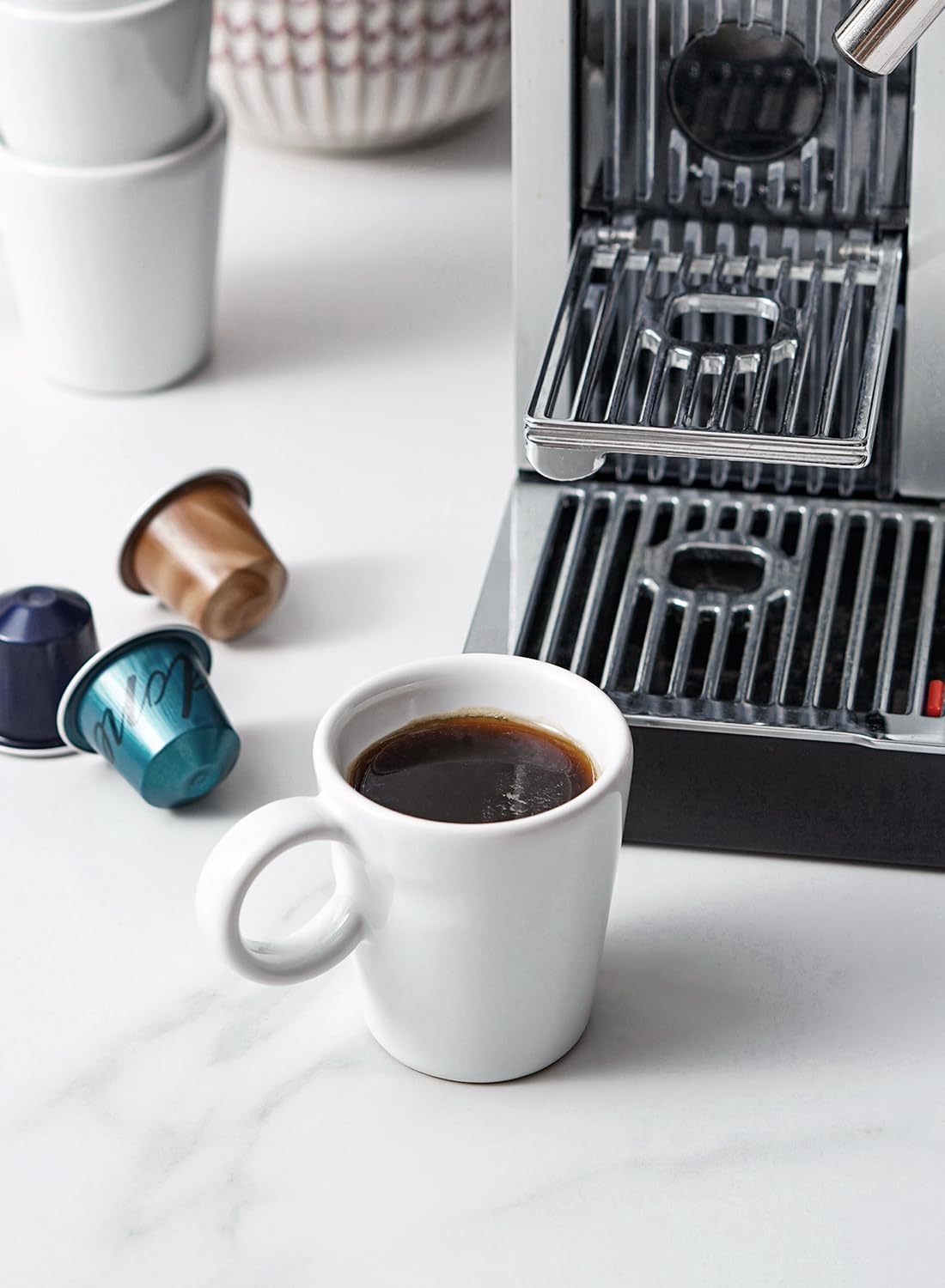 LE TAUCI Espresso Cups - 3 oz Ceramic Demitasse Mugs | Stackable Mini Coffee Set of 4 in White