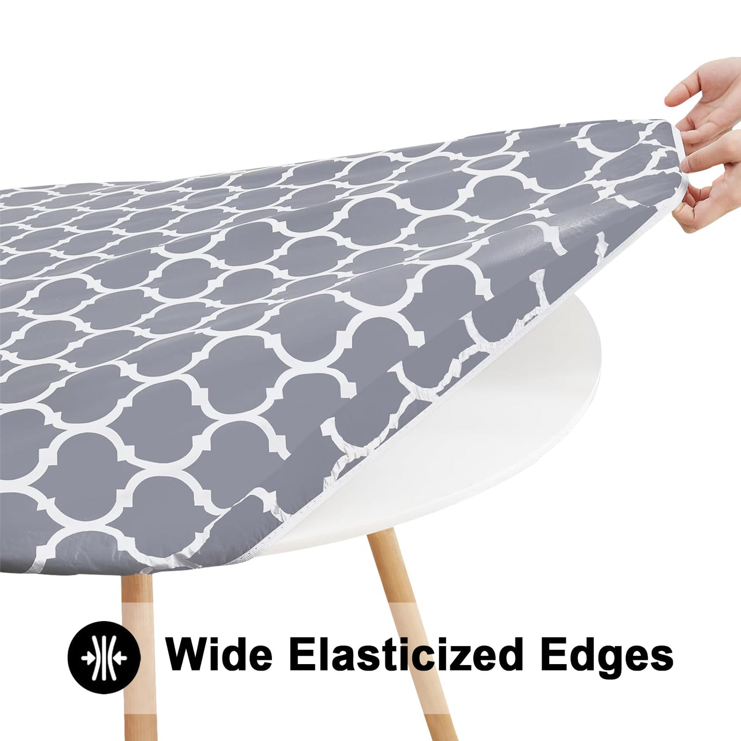 Smiry Round Picnic Tablecloth, Waterproof Elastic Fitted Table Covers for 36" - 44" Tables, Wipeable Flannel Backed Vinyl Tablecloths for Camping, Indoor, Outdoor, Grey & White