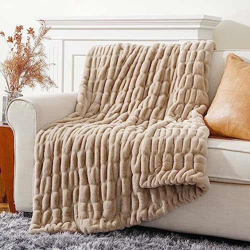 Soft Faux Fur Throw Blanket - Double Side, 50x60 Inches, Beige - Cozy Couch & Bed Decor