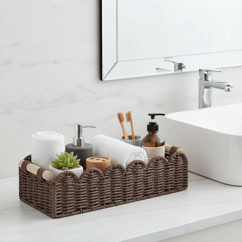 CubesLand Woven Paper Rope Storage Basket - Scalloped Edge Design for Organizing | Brown with Wood Handle