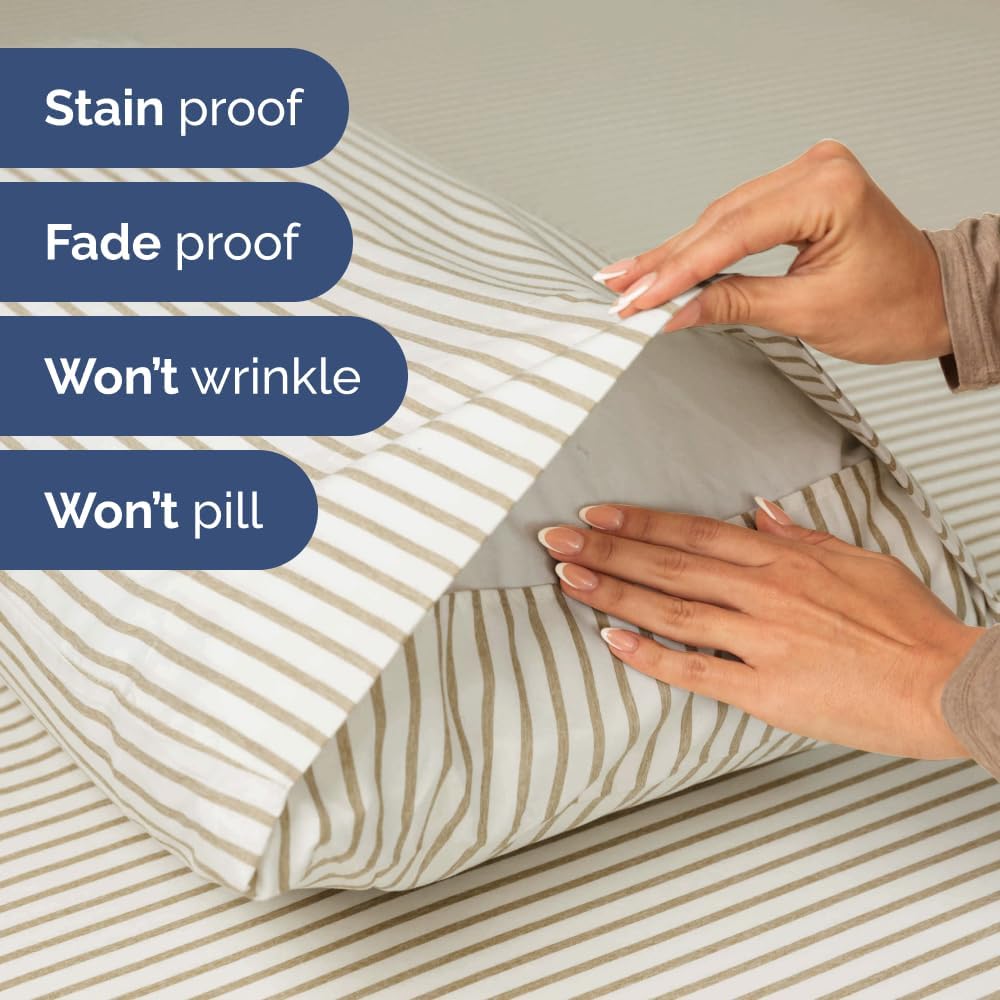 Skiennix Extra Deep Cal King Sheet Set - 6 Piece Breathable Cooling Bedding - Soft Wrinkle-Free Beige Stripes