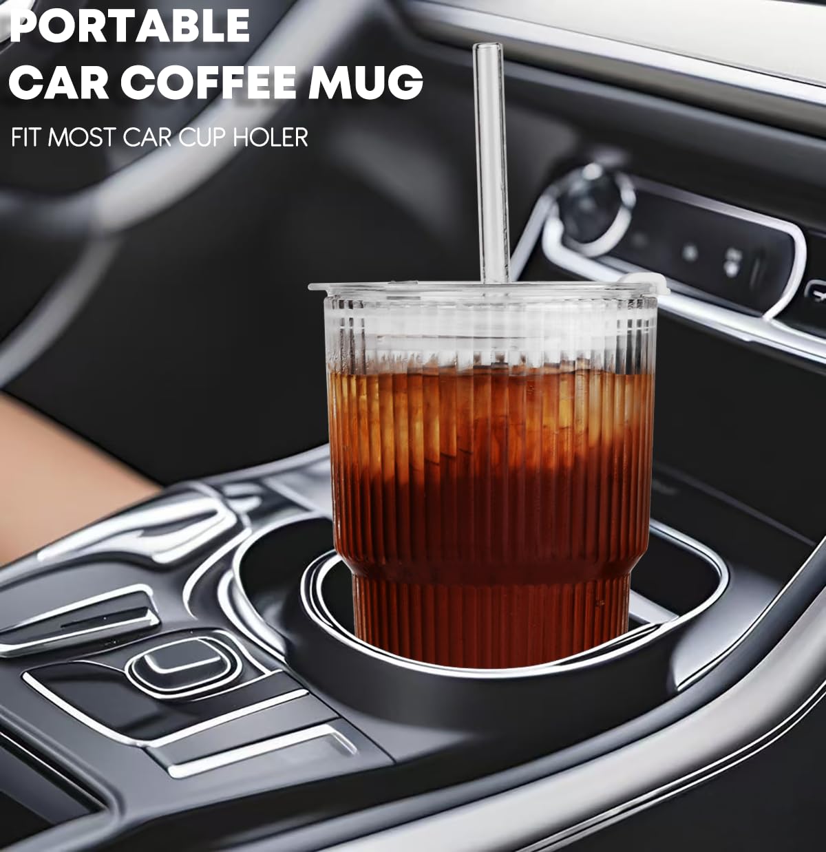 ALINK 20 oz Ribbed Glass Tumbler with Lids and Straws, Ripple Iced Coffee Cups, Thickened Drinking Glasses for Coffee, Smoothies, Cocktail, Juice, Cold Drinks, Pack of 2 - Clear