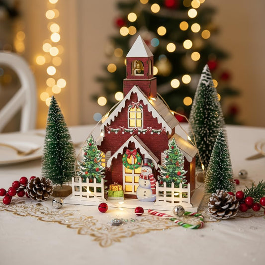 Skiennix Wooden Lighted Christmas Church Decor - 11.8" LED Village Chapel with Bell Tower | Battery Operated Rustic Tabletop Centerpiece for Holiday Home Decor