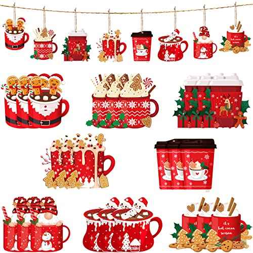 Christmas Tree Wooden Decorations Ornament Gift Wood Rustic Xmas Hanging Ornaments Holiday Appreciation Gifts Wreath Congrats for School(24 Pcs,Christmas Hot Cocoa)