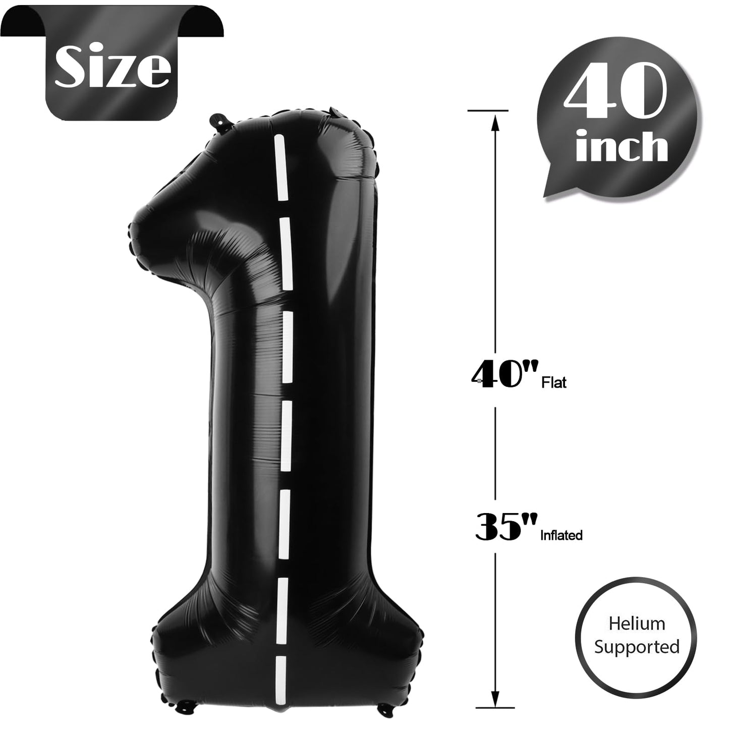 40 Inch Race Car 1 Balloon for First Birthday, 1st Number Balloons Black Race Car Birthday Decorations for Boy Kids Toddler Baby, One Giant Number 1 Balloon