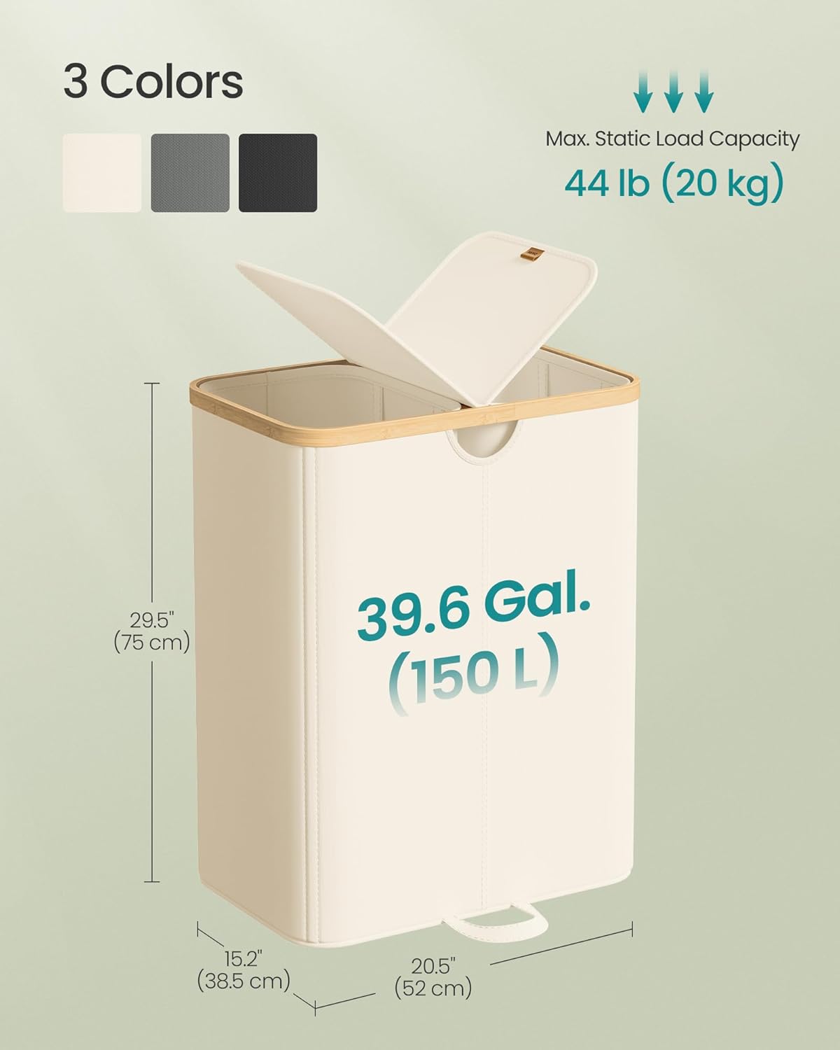 SONGMICS Laundry Hamper - 39 Gal. Dual Compartment Basket with Removable Liner - Cream White & Light Bamboo