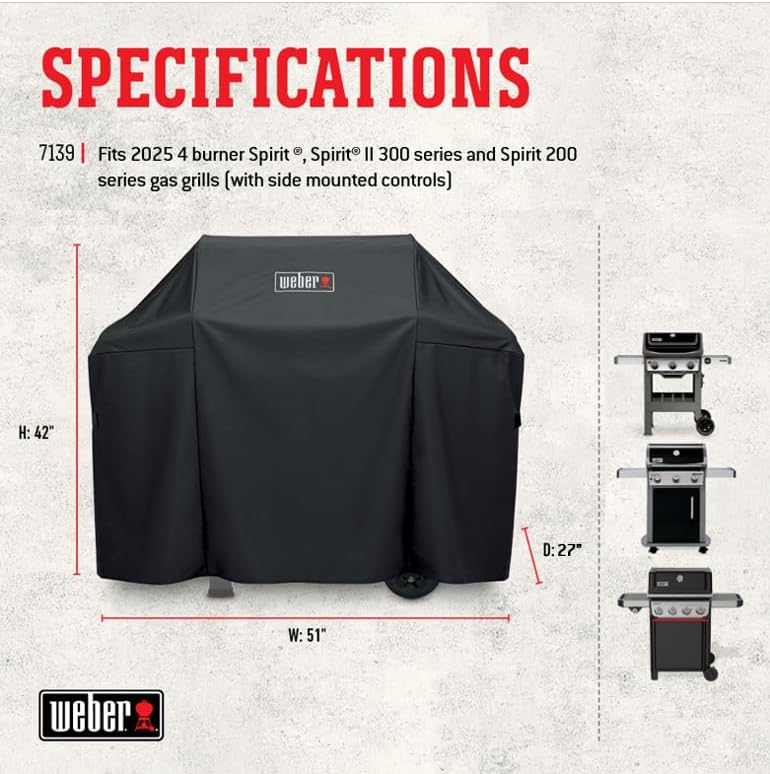 Weber Premium Grill Cover - Water-Resistant Protection for Large Spirit Series Gas Grills | Black