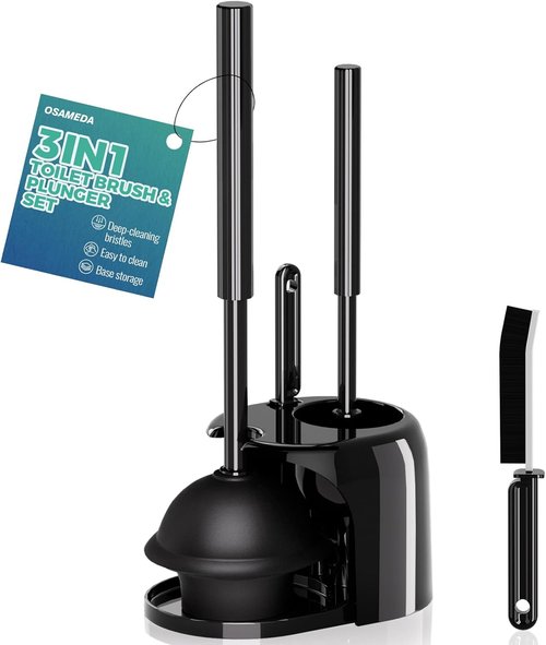 3 In 1 Toilet Brush Set by [Brand Name] - Extra Long Handle Plunger & Crevice Cleaner | Black