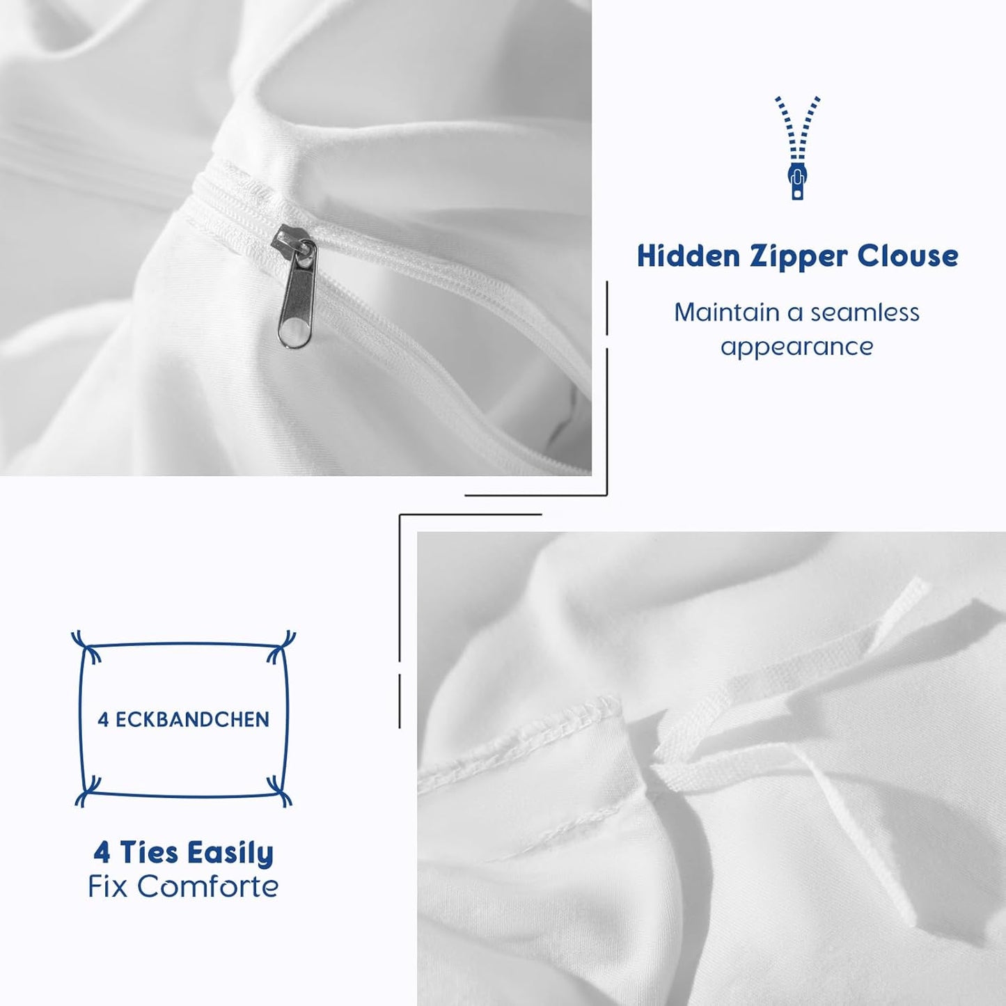 SONORO KATE 100% Egyptian Cotton Duvet Cover | Soft & Breathable 1000 Thread Count - Queen Size, White, 3 PC