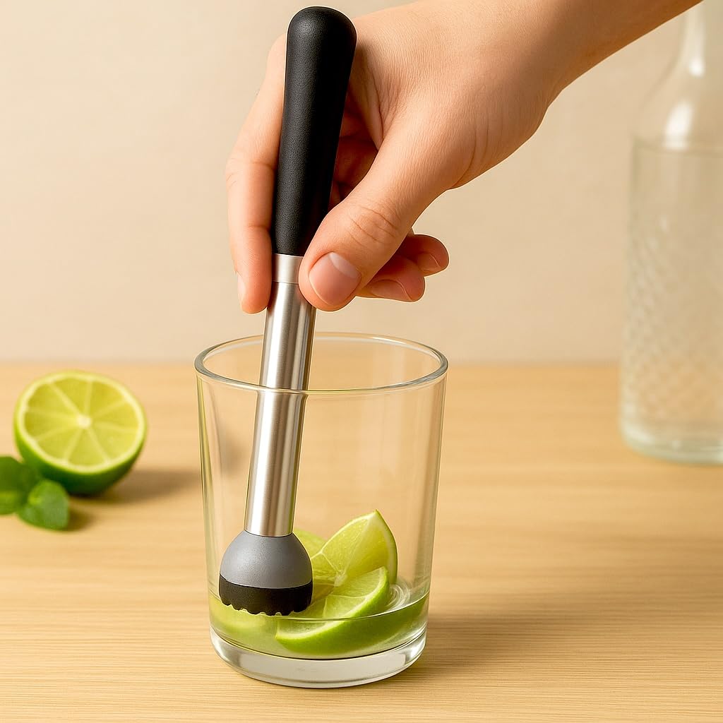 Natier Stainless Steel 8.5" Cocktail Muddler, Professional Drink Muddler for Mojitos, Lemons, and Fruit Cocktails, Durable Bartender Tool with Non-Scratch Nylon Head, Dishwasher Safe