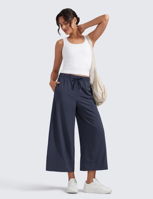 CRZ YOGA Lightweight Wide Leg Cropped Pants for Women 25" - Casual Travel Work Sweatpants Summer Navy Medium