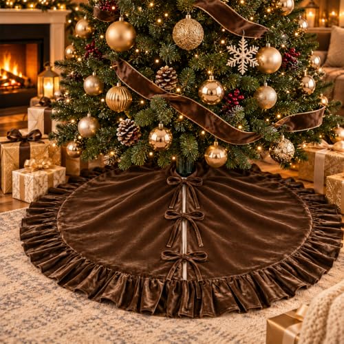Amidaky Brown Ruffled Velvet Christmas Tree Skirt 48 Inch Holiday Decoration