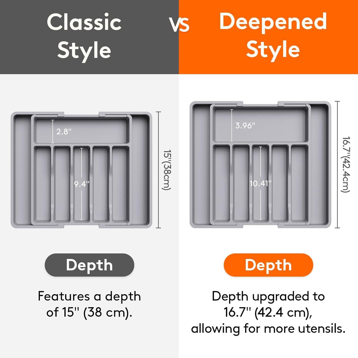 Lifewit Expandable Silverware Organizer - BPA-Free Utensil Tray for Kitchen | Adjustable Cutlery Holder, Gray (33-57 x 42cm)