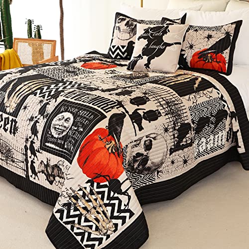 Cmfshape Halloween King Size Bedspread Set - Black Quilt with Pumpkin Ghosts, 4-Piece Bedding with Pillows