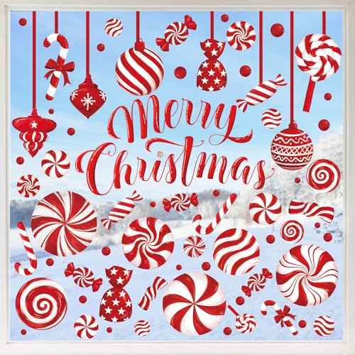 Christmas Window Clings Candy Cane Xmas Ball Window Stickers Red White Reusable PVC Window Decal for Winter Glass Mirror Decor, 8 Sheets