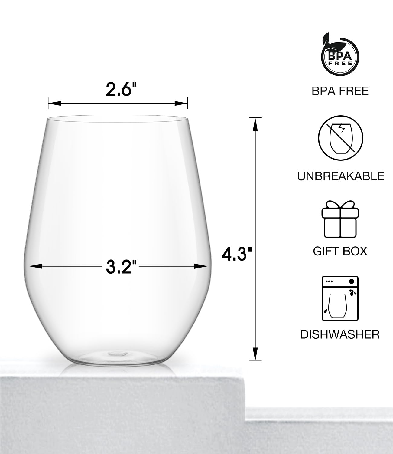 LUNA & MANTHA Stemless Wine Glasses, Crystal Red White Wine Glasses for Daily Use, Hosting, Home Bar, Evening Party, Birthdays, Shower, Housewarming Gift,Plastic Set of 6 16oz