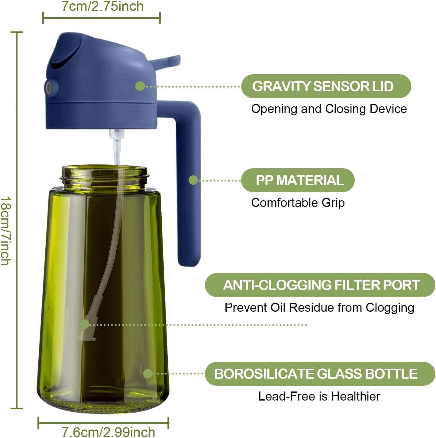 YARRAMATE 2Pcs 16oz Dark Green Oil Sprayer - Food-Grade Olive Oil Dispenser for Cooking & BBQ