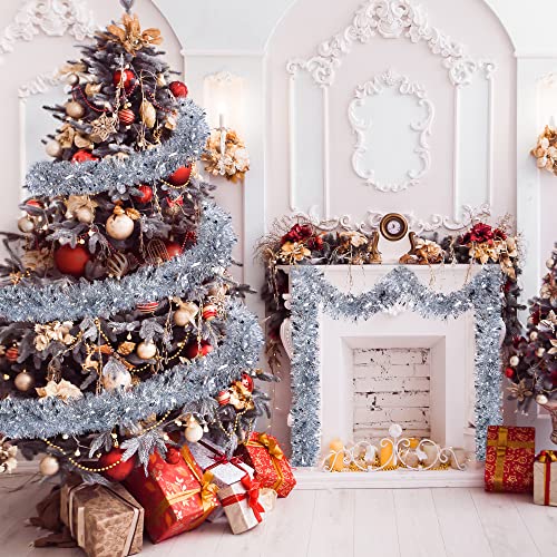 Sggvecsy Silver Christmas Tinsel Garland 49.2Ft Holiday Indoor Outdoor Decor