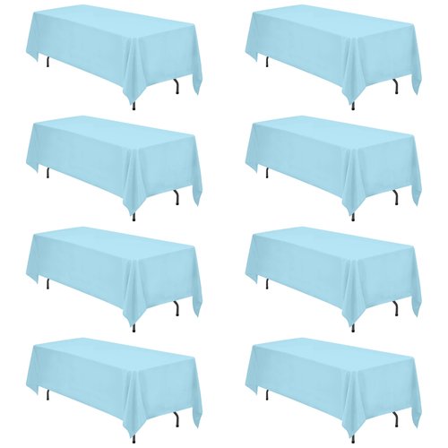 BRILLMAX 8 Pack Light Blue Tablecloths 70 x 120 Inch for 6ft & 8ft Rectangle Tables - 150 GSM Polyester Fabric, Universal Fit, Water, Stain & Wrinkle Resistant Cloth Cover for Wedding Banquet