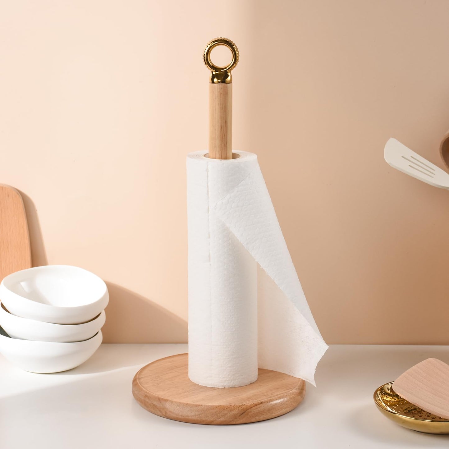 SATU BROWN Stylish Paper Towel Holder Countertop with Heavy Duty Wood Base, Farmhouse Paper Towel Roll Stand for Kitchen Counter fits Standard and Jumbo Size Paper Towels