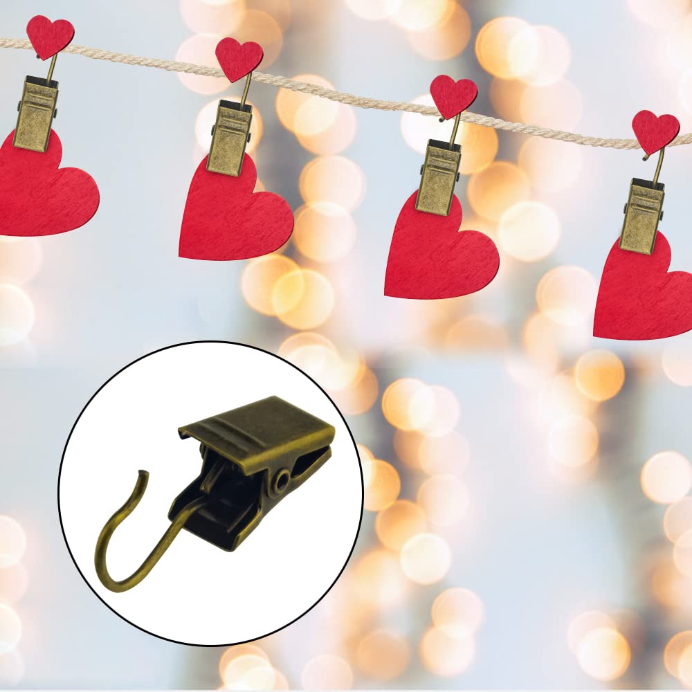 WMYCONGCONG 100 PCS Metal Hook Clips Hanging Curtain Clip Small Heavy-Duty Hooks Set String Lights Clips for Photos Home Decoration Art Craft Display and Outdoor Activities (Antique Bronze)