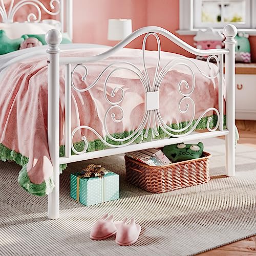 Twin Size Metal Bed Frame with Butterfly Headboard - White