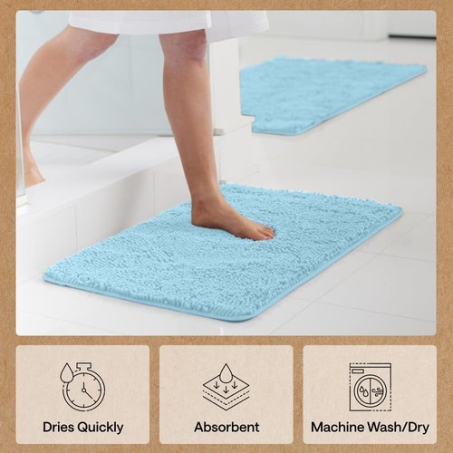GORILLA GRIP Bath Rug Mat - Thick, Soft, Absorbent Chenille | Quick Dry Microfiber, 36x24, Sky Color