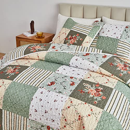 Patchwork Quilt Set Full/Queen Green Floral Plaid Bedspread 3 Pieces - Reversible Lightweight Microfiber Summer Bed Coverlet - Queen 90"x90" Variation of THIS listing