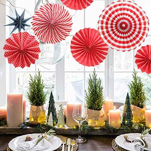 LRCXL 12PCS Party Hanging Paper Fans Set, Fiesta Round Pattern Paper Garlands Decoration Party Supplies for New Year Baby Shower Birthday Wedding Graduation Events Accessories(Red)