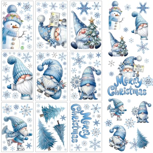 Christmas Gnome Window Clings – 9pk Blue Snowman Stickers for Glass & Mirrors