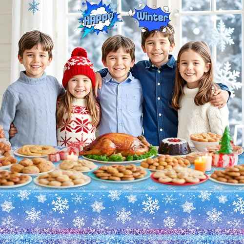 2 Pcs Winter Snowflake Tablecloth Plastic - Disposable Frozen Table Cloth, Purple Blue Rectangle Winter Wonderland Table Cover for Christmas Winte Holiday Tables Decor Party Supplies Favors,54x108Inch