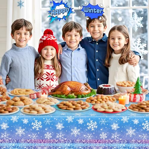 Frozen Winter Snowflake Tablecloths 2 Pack - Disposable Purple & Blue Holiday Cover, 54x108 Inches