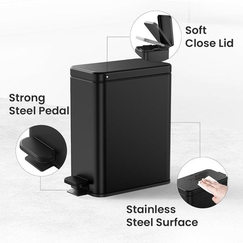 Cesun Bathroom Trash Can - 2.6 Gallon Soft Close Stainless Steel Waste Basket | Black Design for Home & Office