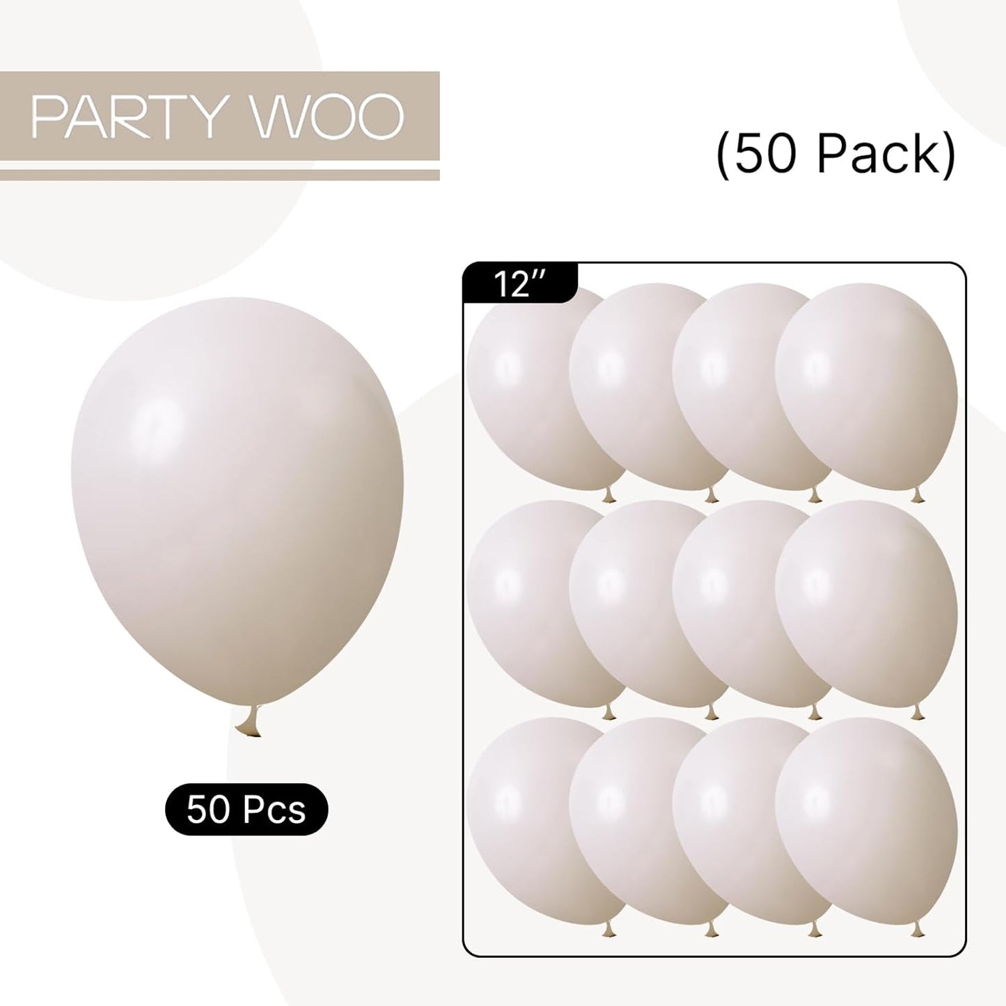 PartyWoo White Sand Balloons - 50 Pcs 12 Inch Beige & Ivory Latex Balloons for Weddings & Celebrations