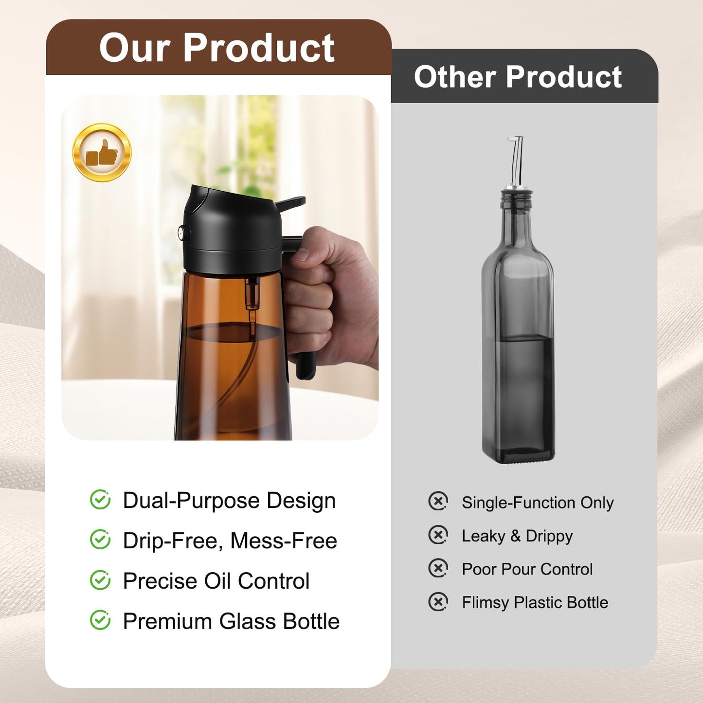 Arsatbs 16oz/470ml Olive Oil Sprayer for Cooking, 2 in 1 Oil Dispenser Bottle Spray and Pour with Stickers, Premium Dark Brown Glass Oil Bottle for Air Fryer and Salad
