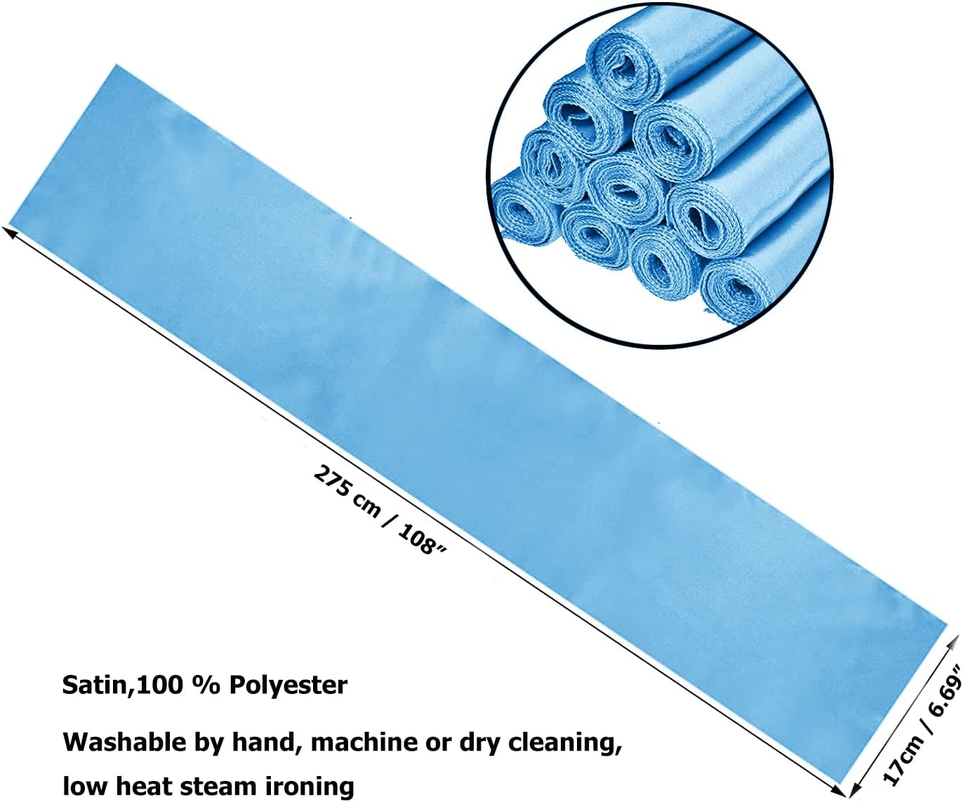 Light Blue Satin Chair Sashes 10-Pack - 7x108 Inch Adjustable Wedding & Party Bows