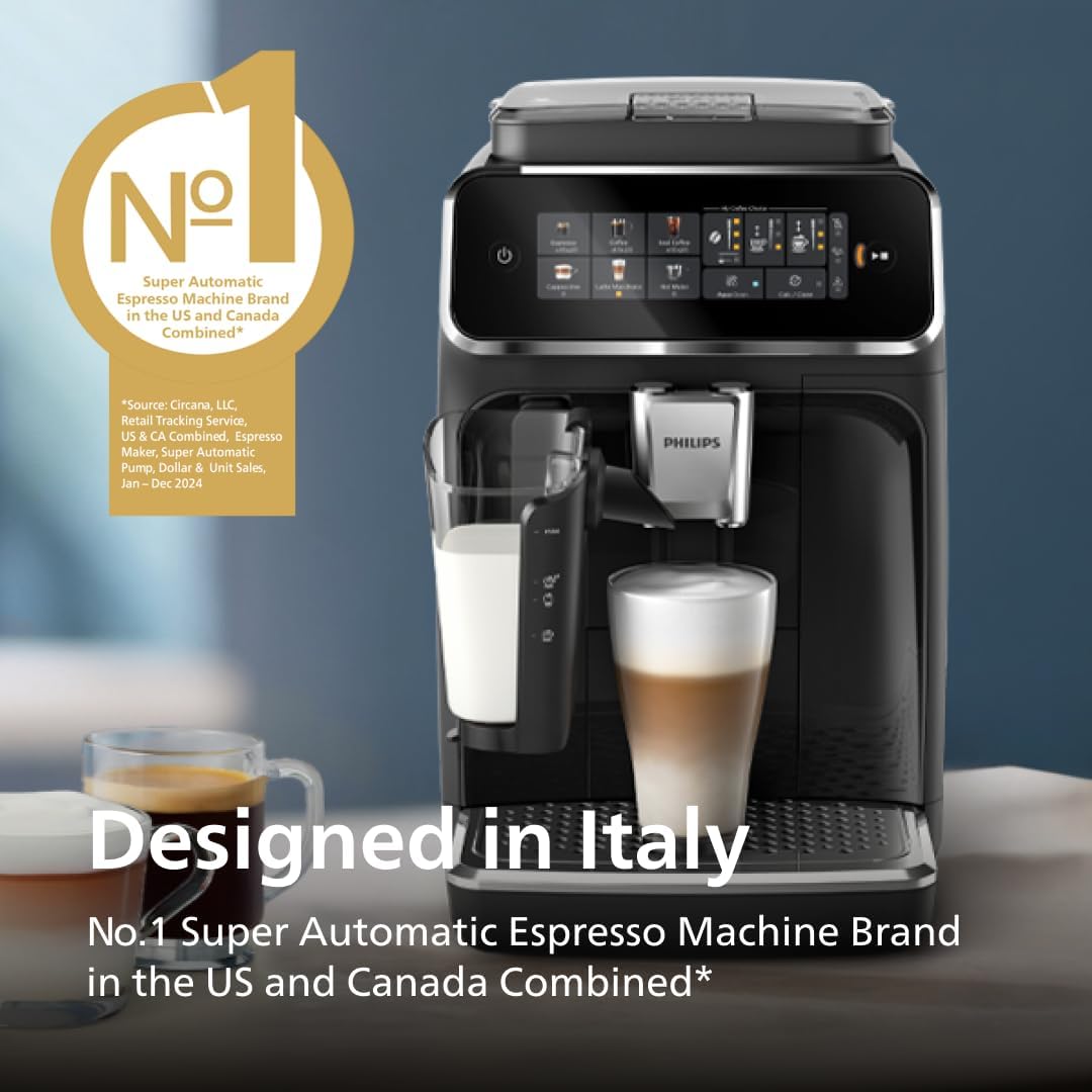 Philips 3300 Series Espresso Machine - Fully Automatic with LatteGo Milk System & Integrated Grinder | 15-Bar Pressure, Glossy Black