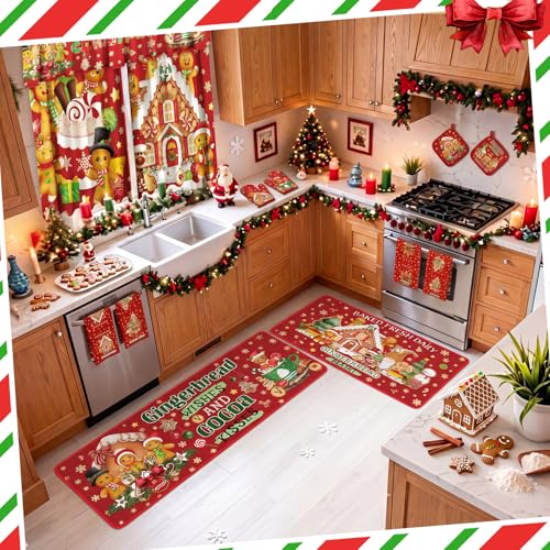 Gingerbread Man Kitchen Decor Set with Towels, Rugs & Valance - Holiday Christmas