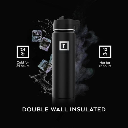 IRON °FLASK Camping & Hiking Hydration Flask with Straw, Wide Mouth Insulated Stainless Steel Sports Water Bottle - 40 oz Midnight Black