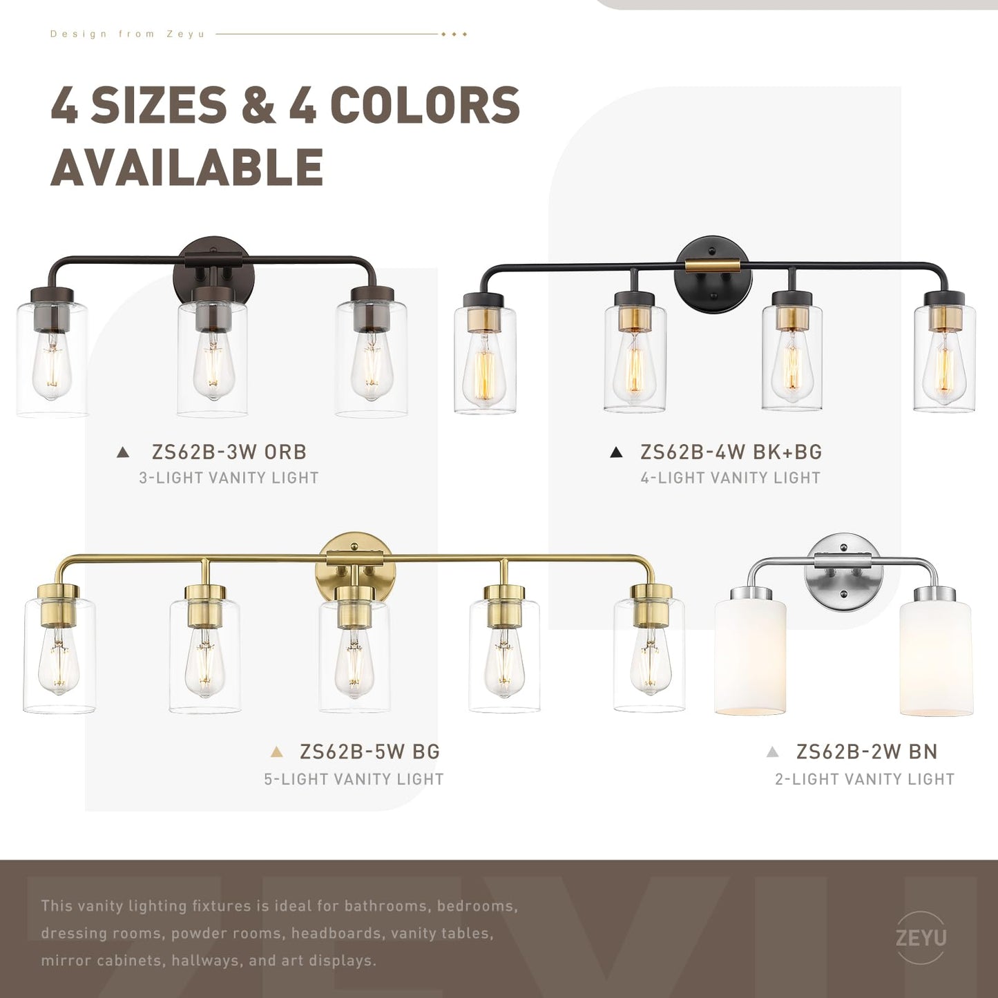 zeyu 14.4 Inch Vanity Light Fixture, Vintage Bathroom Lamp, Gold Bathroom Light Fixtures with Clear Glass Shade, Brushed Gold Finish, ZS62B-2W BG