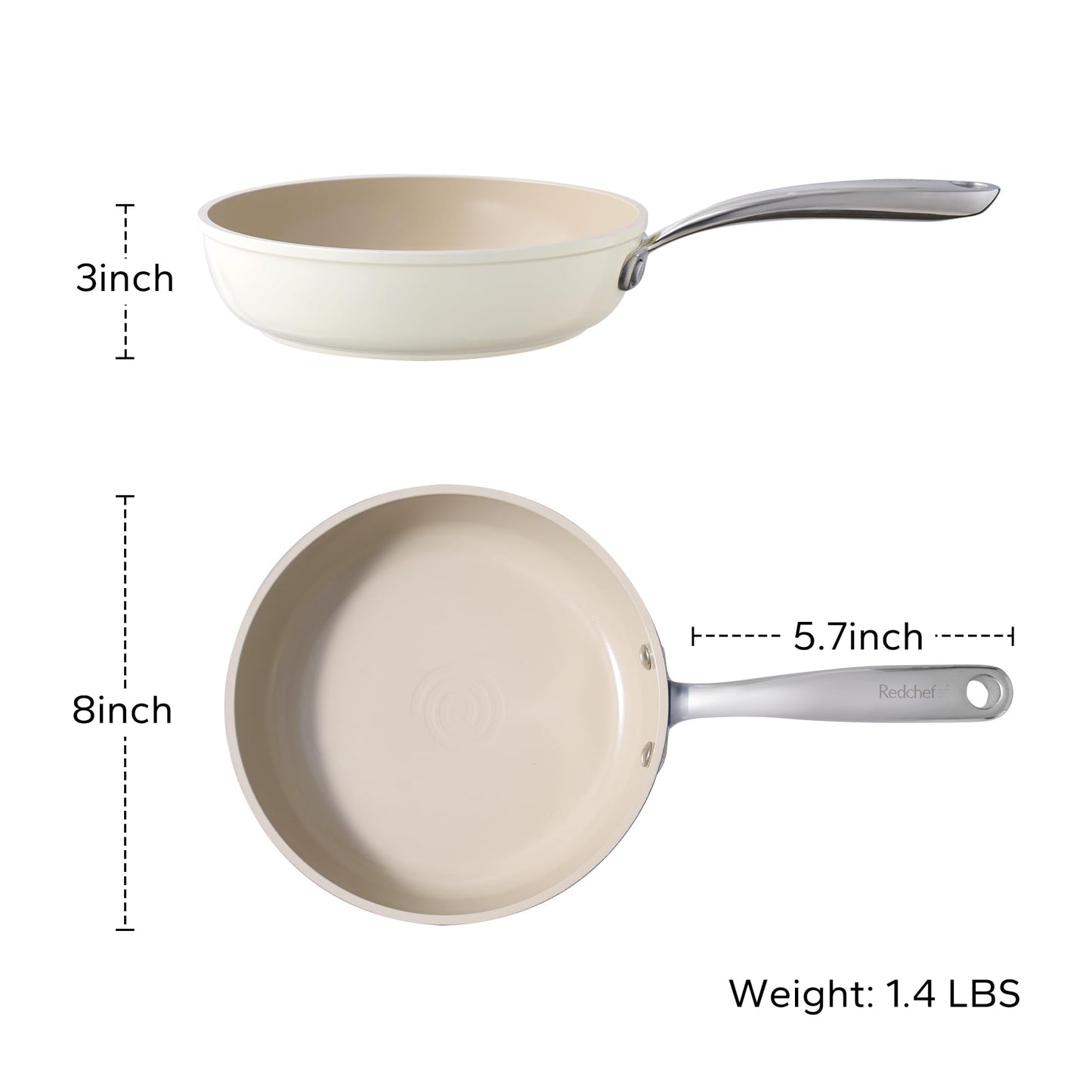 Redchef Ceramic Non Stick Frying Pans, Nonstick Frying Pan Skillet, Ceramic Egg Pan with Stay Cool Handle, Non Toxic Induction Pan for Cooking, PFOA & PFAS Free, Oven & Dishwasher Safe (8" Beige)