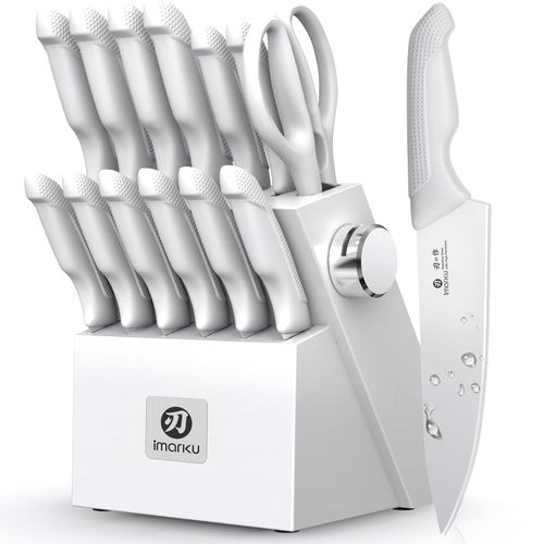 imarku Kitchen Knife Set, Japanese Knives Set for Kitchen, Stainless Steel Knife Set with Block, Kitchen Gadgets, White, Anti-Slip Handle, Dishwasher Safe, Gift for Women
