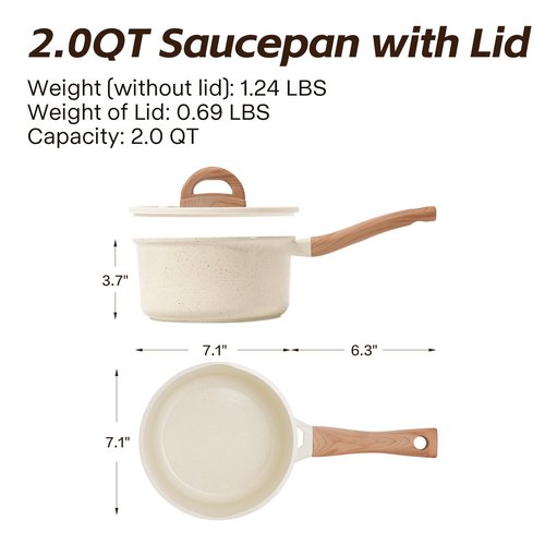 Ceramic Nonstick Saucepan with Lid, 2.0 QT Small Non Stick Stock Pot with Stay-cool Handle, Induction Compatible Cooking Pot White Granite Coating Easy to Clean Non-toxic Kitchen Cookware