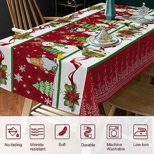 Christmas Tablecloth for Rectangle Table, Merry Christmas Tree Snowman Table Cloth 60 x 104 with Poinsettia Holiday Washable Table Cover for Dining Room Kitchen Decorations