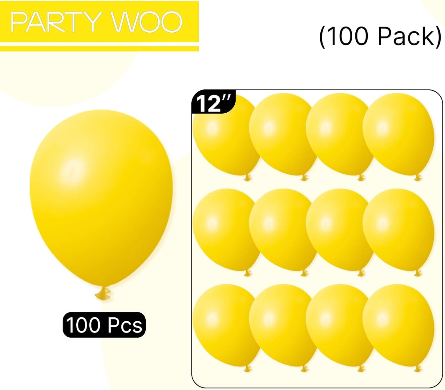 PartyWoo Yellow Balloons - 100 Pack of 12-Inch Latex Helium Balloons for Celebrations & Events