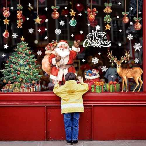 174PCS Christmas Window Clings Decorations Cute Large Christmas Tree Stickers Santa Claus Xmas Fall Window Snowflake Decal for Holiday Party Office (6 Sheets