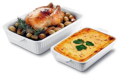 Ceramic Baking Dish Set (2-Piece) - 4.4QT & 1.8QT Rectangular Casserole Pans for Lasagna, Turkey, Cake - White Oven Safe Roaster Pans 13x9.5 & 10x7 Inch Dishwasher Safe