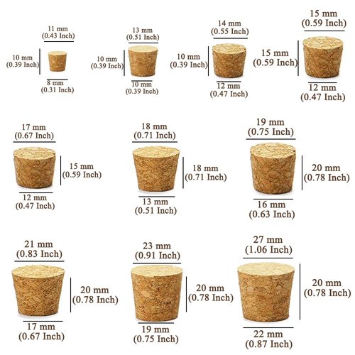 100Pcs Cork Stoppers 10 Sizes Wooden Tapered Cork Plugs, Wooden Tapered Wine Bottle Stoppers Replacement Corks for Wine Beer Bottle Crafts