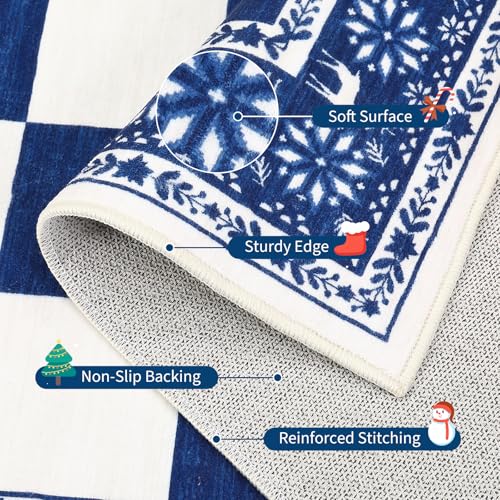 GarveeHome Blue 4' x 6' Checkered Christmas Rug, Non-Slip Washable Area Rug for Living Room